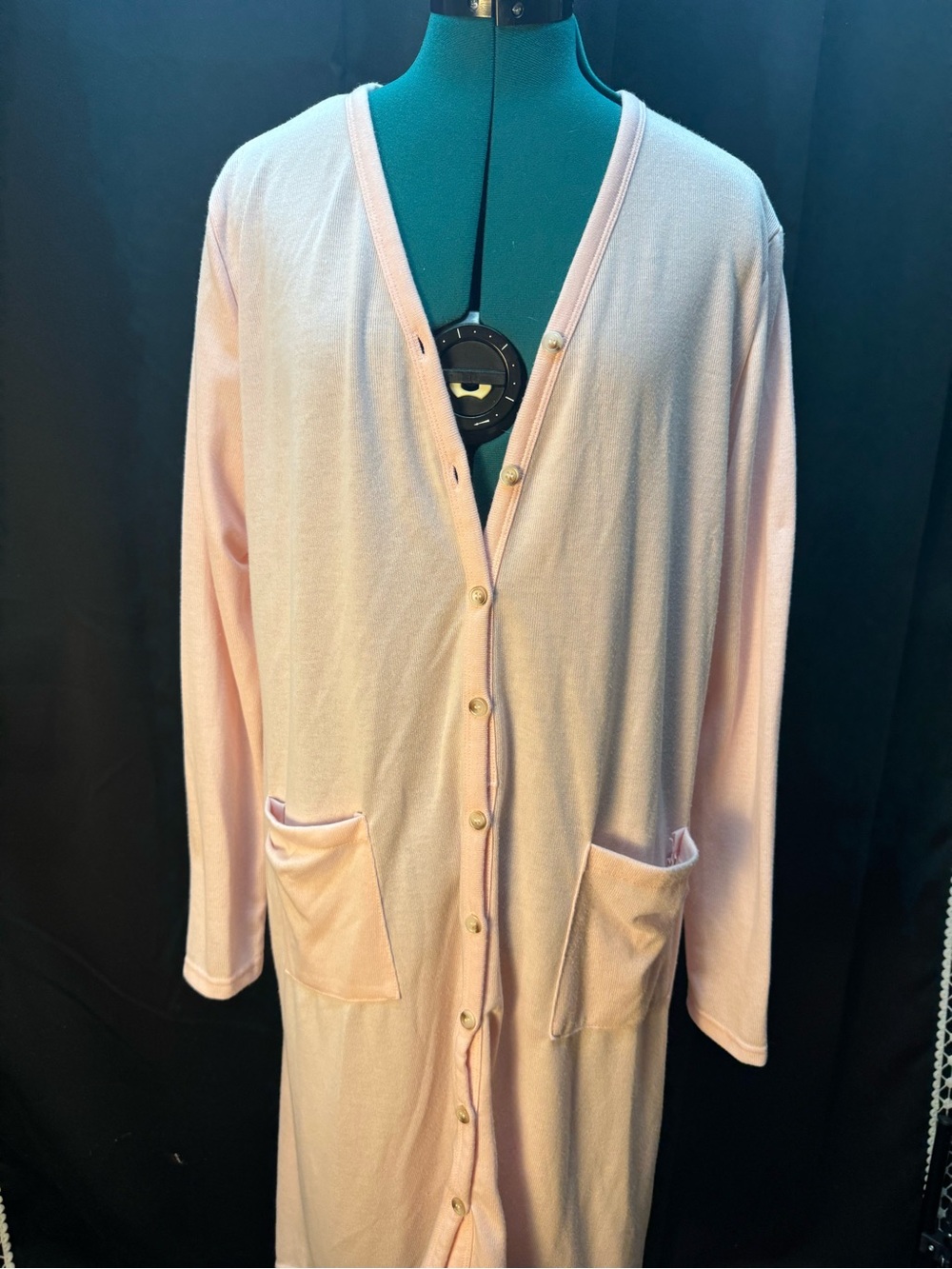 Women's Light Pink Long Button-Front Cardigan with Patch Pockets